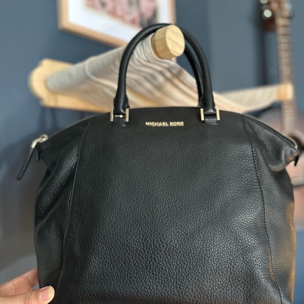 Michael Kors Riley Black Leather Satchel with Gold Hardware